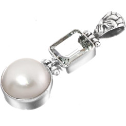 Prasiolite White Mabe Ocean Cultured Pearl 925 Sterling Silver Pendant, 1 9/16"