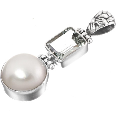 Prasiolite White Mabe Ocean Cultured Pearl 925 Sterling Silver Pendant, 1 9/16"