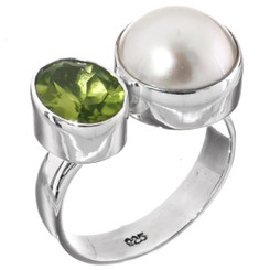 FifiRose South Pacific White Mabe Cultured Pearl Peridot 925 Sterling Silver Ring