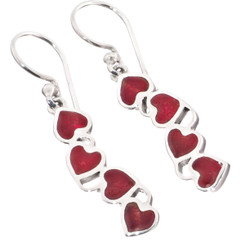Red Coral Cascading Hearts 925 Sterling Silver Dangle Drop Earrings, 1"