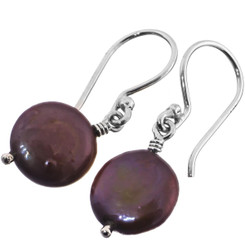 Maroon Freshwater Cultured Pearl 925 Sterling Silver Dangle Drop Earrings, 1/2"