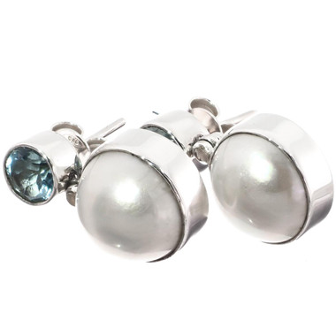 Blue Topaz White Mabe Cultured Pearl 925 Sterling Silver Stud Earrings, 13/16"