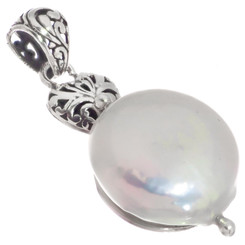 Huge Freshwater Coin Pearl 925 Sterling Silver Heart Filigree Pendant, 1 7/16"