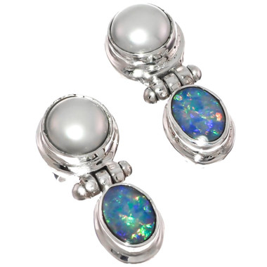 925 Silver Australian Opal Freshwater Pearl Post Earrings, 13/16" 