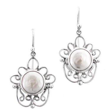 7/8" FILIGREE WHITE FRESHWATER COIN PEARL 925 STERLING SILVER DROP earrings