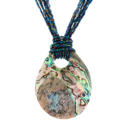 3 3/4" PAUA ABALONE SHELL IRIDESCENT PEACOCK GLASS SEED BEADS necklace