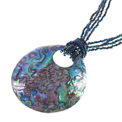 New Zealand Paua Abalone Shell Iridescent Peacock Glass Beads Necklace, 2 5/8"