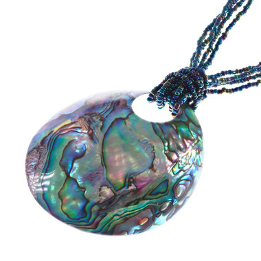 New Zealand Paua Abalone Shell Iridescent Peacock Glass Beads Necklace, 2 5/8"