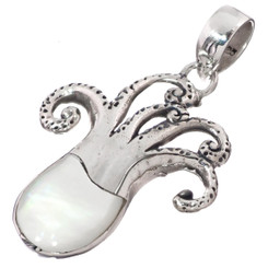 Octopus Squid White Mother Of Pearl 925 Sterling Silver Pendant, 1 9/16"