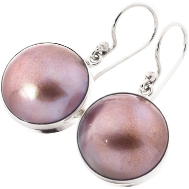 Big Round Copper-tone Lavender Mabe Cultured Pearl 925 Sterling Silver Earrings, 11/16"