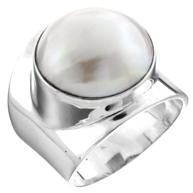 White Mabe Cultured Pearl Bali Artisan 925 Sterling Silver Ring