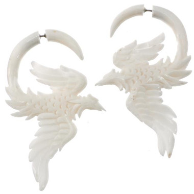 2 5/16" FAKE GAUGE WHITE BISON BONE PHOENIX BIRD CARVING POST earrings