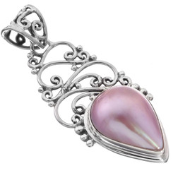 1 7/8" PINK MABE OCEAN CULTURED FILIGREE 925 STERLING SILVER pendant