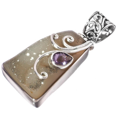 925 Silver Beautiful Druzy Drusy & Amethyst Gemstone Pendant, 1 5/16"