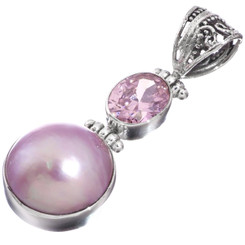 925 Silver Pink Mabe Pearl Pink Cz Sterling Pendant, 1 3/4"