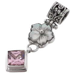 1 3/4" PINK QUARTZ MOTHER OF PEARL SHELL PLUMERIA FLOWER 925 SILVER pendant