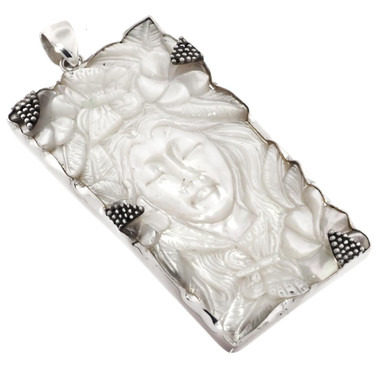 3" GODDESS HAND CARVING OYSTER MOTHER OF PEARL SHELL 925 STERLING SILVER pendant