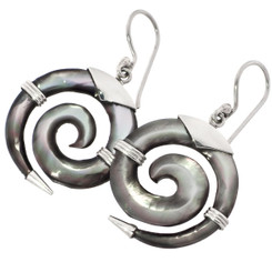 1" MAORI TRIBAL MOTHER OF PEARL SHELL SPIRAL 925 STERLING SILVER earrings