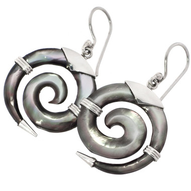 1" MAORI TRIBAL MOTHER OF PEARL SHELL SPIRAL 925 STERLING SILVER earrings