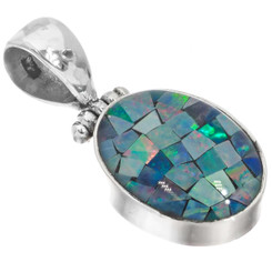 Oval Australian Opal Mosaic 925 Sterling Silver Pendant, 1 1/8"