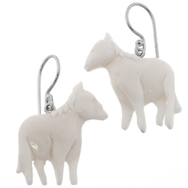 1" HAND CARVING SHETLAND PONY BISON BONE 925 STERLING SILVER earrings