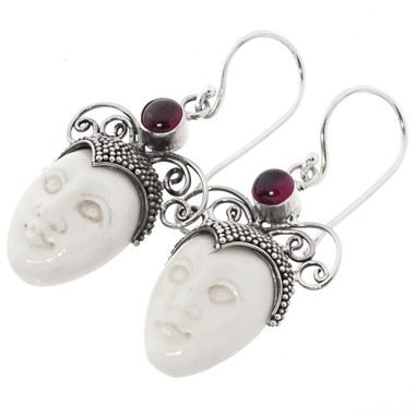 1" BUFFALO BONE GODDESS HAND CARVING GARNET 925 STERLING SILVER earrings