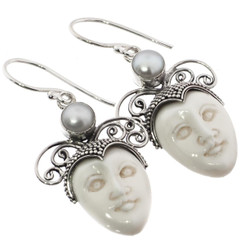 1" FRESHWATER PEARL BALI GODDESS BUFFALO BONE 925 STERLING SILVER earrings