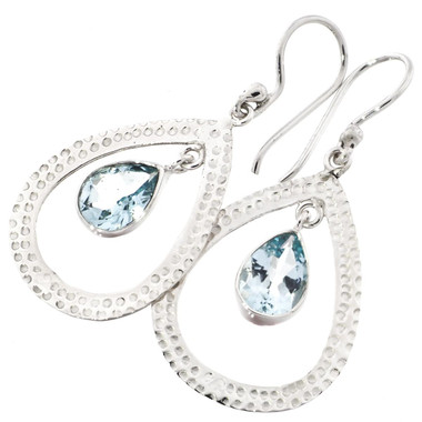 1" PEAR BLUE TOPAZ HAMMERED 925 STERLING SILVER TEARDROP HOOP earrings
