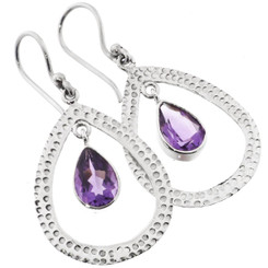 1" PEAR AMETHYST HAMMERED 925 STERLING SILVER TEARDROP HOOP earrings