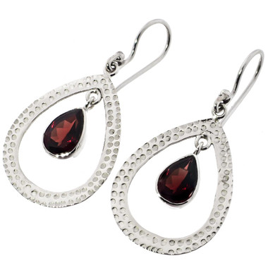 1" PEAR RED GARNET HAMMERED 925 STERLING SILVER TEARDROP HOOP earrings