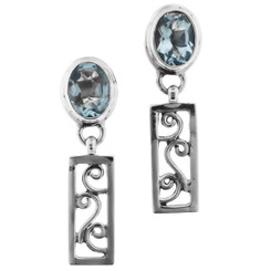 1 1/8" NATURAL BLUE TOPAZ FILIGREE DANGLE 925 STERLING SILVER POST STUD earrings
