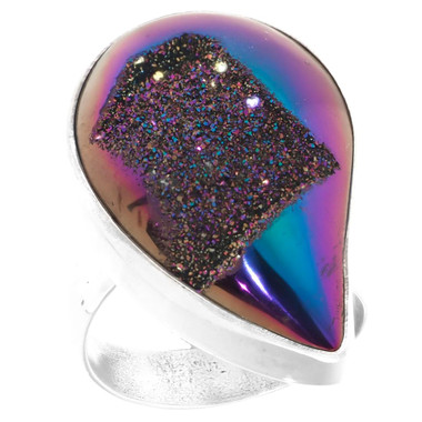 925 Silver Teardrop Titanium Druzy Drusy Agate Sterling Adj Sz 6 Ring, 1"