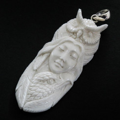 3" TOTEM GODDESS OWL EAGLE BISON BONE 925 STERLING SILVER pendant