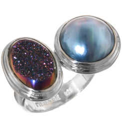BLUE MABE PEARL TITANIUM  DRUZY DRUSY 925 STERLING SILVER SZ 7 ring