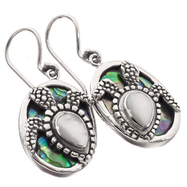 7/8" TURTLE MOTHER OF PEARL SHELL ON PAUA ABALONE 925 STERLING SILVER earrings