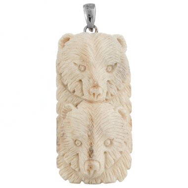 2 1/2" BALI HANDCARVED BEAR COUPLE REAL DEER ANTLER 925 STERLING SILVER pendant