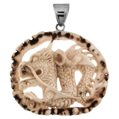 2 5/16" CHINESE DRAGON REAL DEER ANTLER BURR CARVING 925 STERLING SILVER pendant