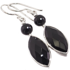 1 1/4" MARQUISE CHECKERBOARD BLACK ONYX 925 STERLING SILVER DANGLE DROP earrings