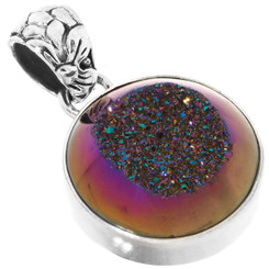 7/8" DAINTY ROUND RAINBOW TITANIUM AGATE DRUZY 925 STERLING SILVER pendant