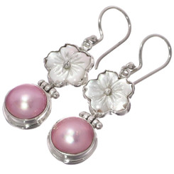 1 1/8" PINK MABE PEARL MOTHER OF PEARL FLOWER 925 STERLING SILVER earrings