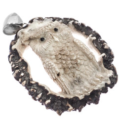 925 Silver Handcarved Owl Real Deer Burr Antler Sterling Pendant, 3"