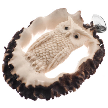 925 Silver Handcarved Owl Real Deer Burr Antler Sterling Pendant, 3"