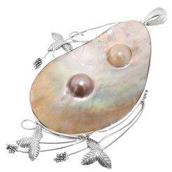 925 Silver Double Mabe Blister Pearl Orchid Filigree Sterling Pendant, 4 3/4"