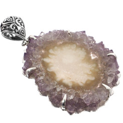 Amethyst Geode Stalactite Crystal Slice 925 Sterling Silver Pendant, 2 5/8