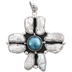 2 9/16" BLUE MABE PEARL WHITE BIWA FRESHWATER PEARL 925 STERLING SILVER pendant