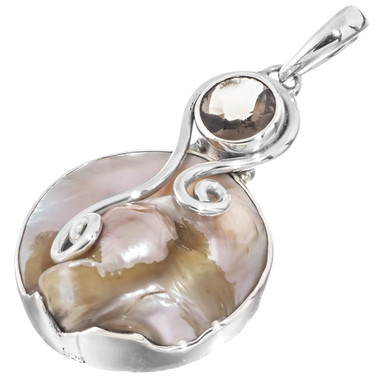 925 Silver Blister Freshwater Pearl Smokey Quartz Pendant, 2"