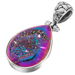 925 Silver Dainty Teardrop Rainbow Titanium Agate Druzy Sterling Pendant, 1 1/8"