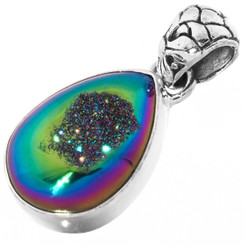 925 Silver Dainty Teardrop Rainbow Titanium Agate Druzy Sterling Pendant, 1 1/8"