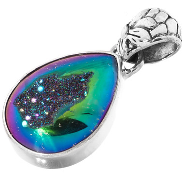 925 Silver Dainty Teardrop Rainbow Titanium Agate Druzy Sterling Pendant, 1 1/8"