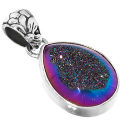 925 Silver Dainty Teardrop Rainbow Titanium Agate Druzy Sterling Pendant, 1 1/8"